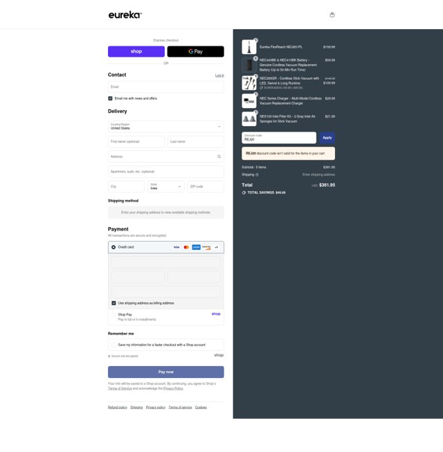 Eureka checkout page showing Eureka promo code box | Screenshot taken by SimplyCodes community member on Sep 3, 2025