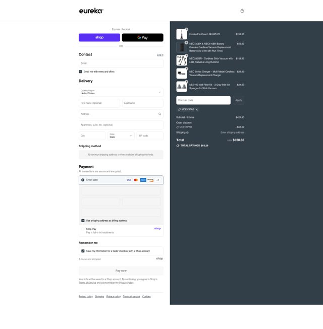 Eureka checkout page showing Eureka promo code box | Screenshot taken by SimplyCodes community member on Sep 3, 2025