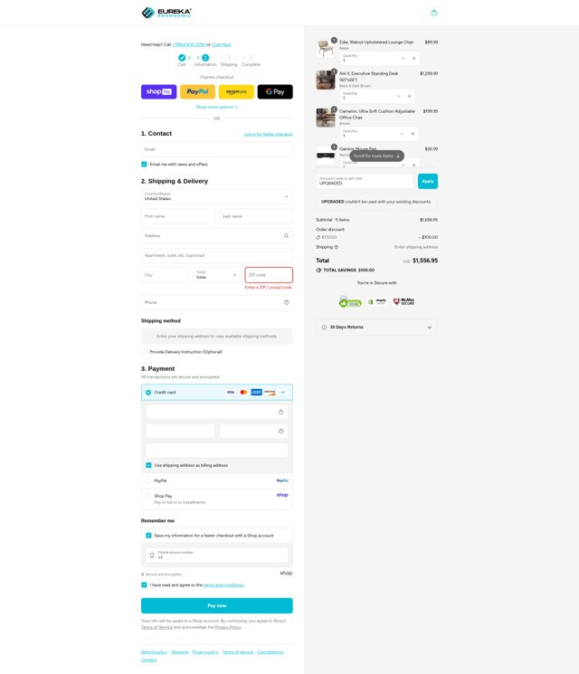 Eureka Ergonomic checkout page showing Eureka Ergonomic discount code box | Screenshot taken by SimplyCodes community member on Aug 24, 2025