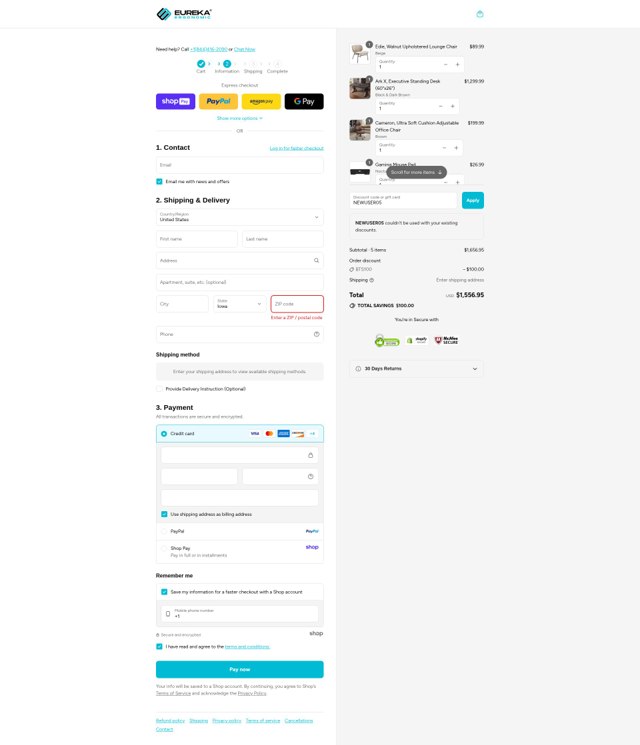 Eureka Ergonomic checkout page showing Eureka Ergonomic discount code box | Screenshot taken by SimplyCodes community member on Aug 24, 2025
