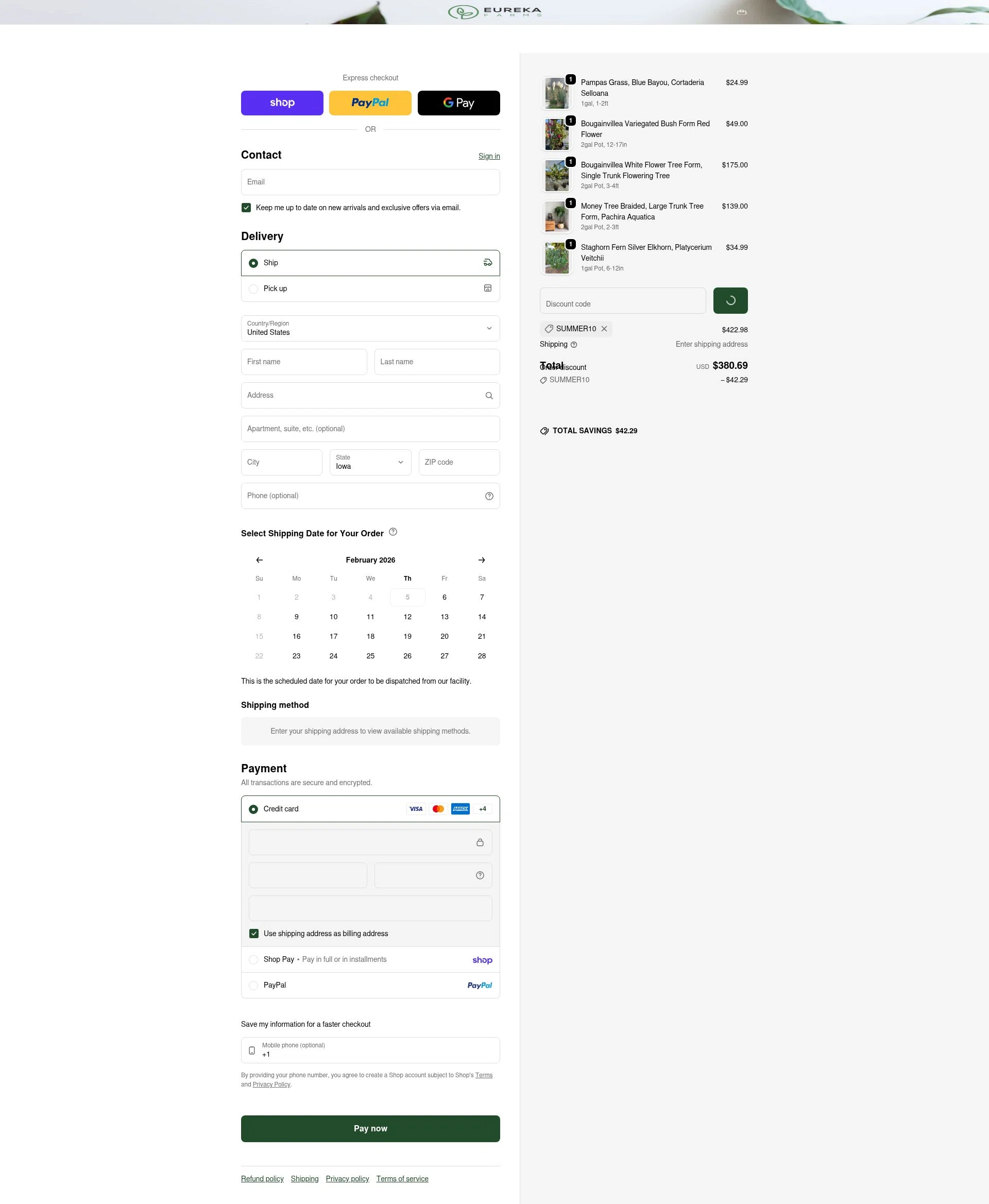 Eureka Farms checkout page showing Eureka Farms discount code box | Screenshot taken by SimplyCodes community member on Feb 5, 2026
