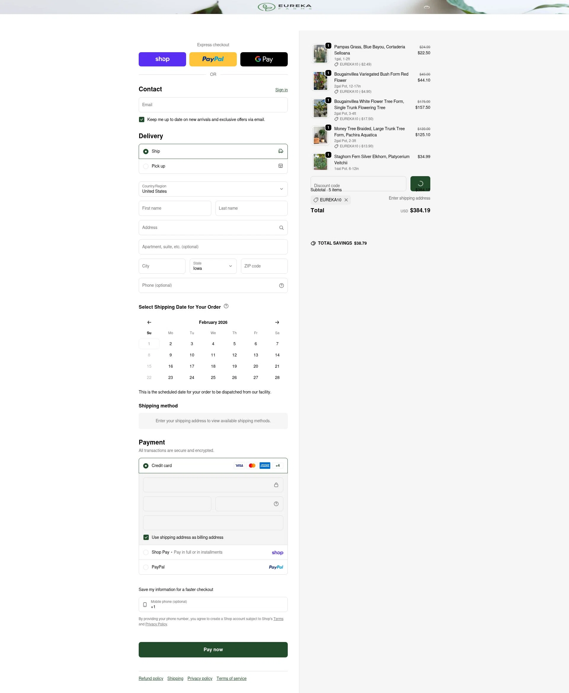Eureka Farms checkout page showing Eureka Farms discount code box | Screenshot taken by SimplyCodes community member on Feb 1, 2026