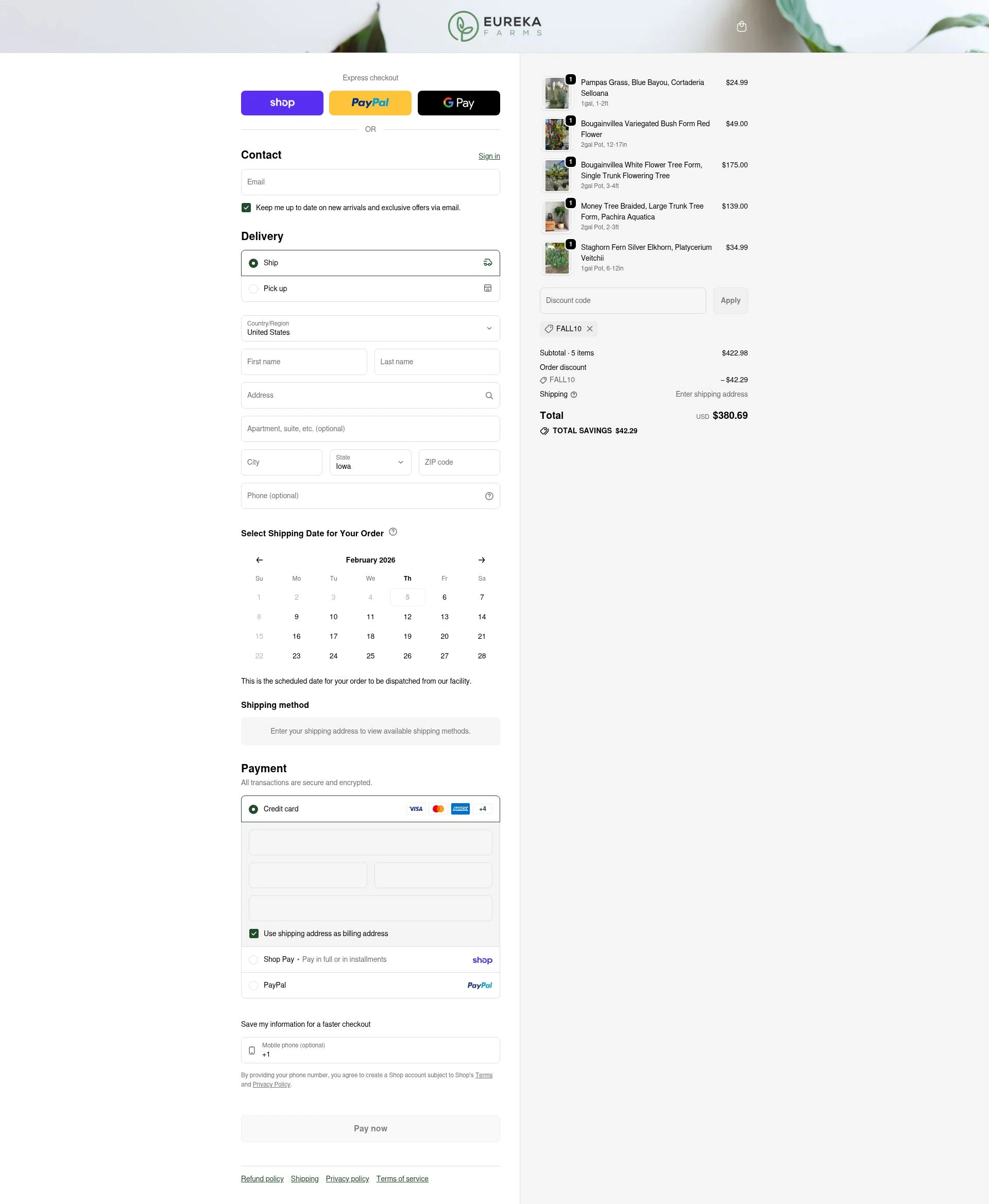 Eureka Farms checkout page showing Eureka Farms discount code box | Screenshot taken by SimplyCodes community member on Feb 5, 2026