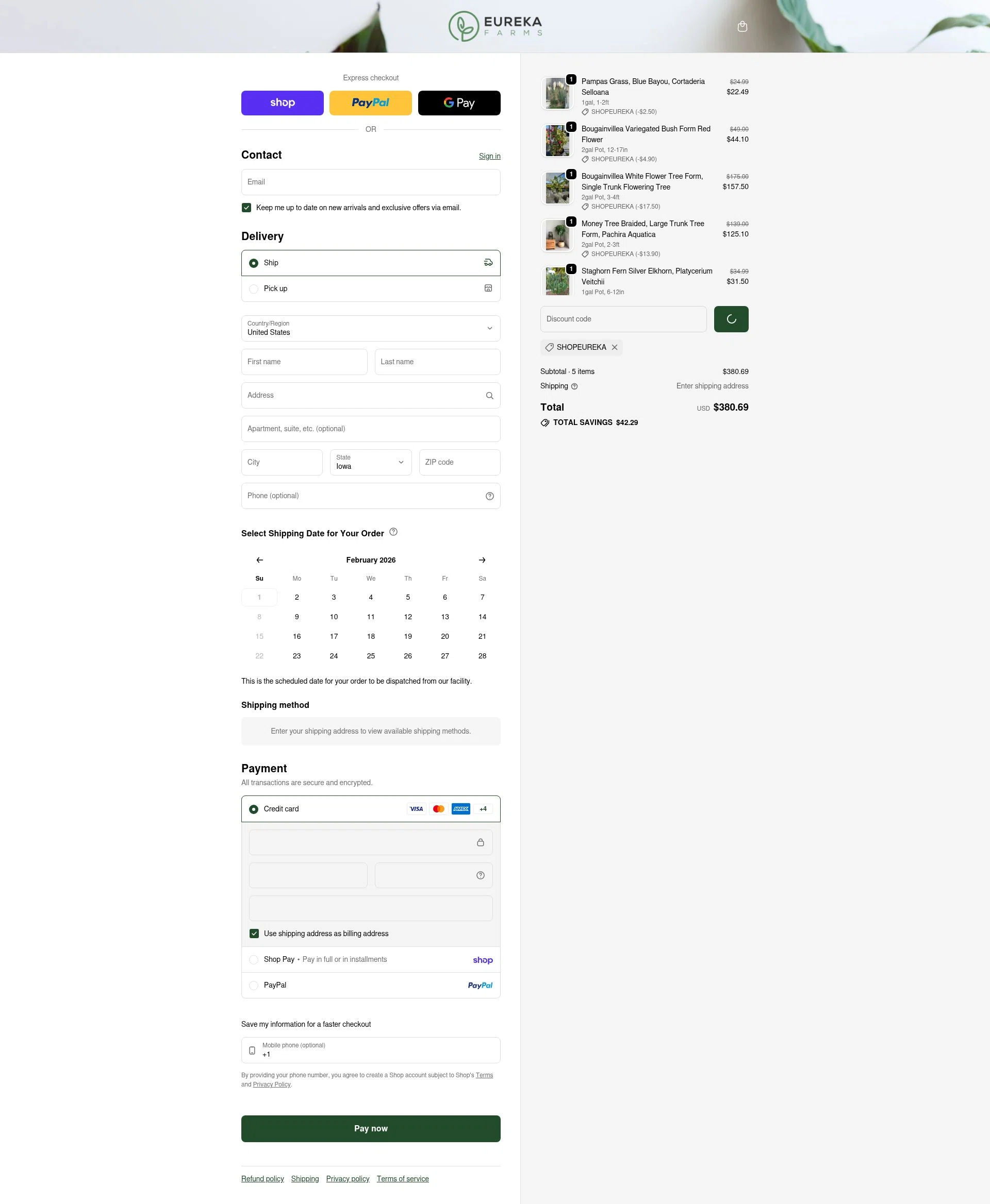 Eureka Farms checkout page showing Eureka Farms discount code box | Screenshot taken by SimplyCodes community member on Feb 1, 2026