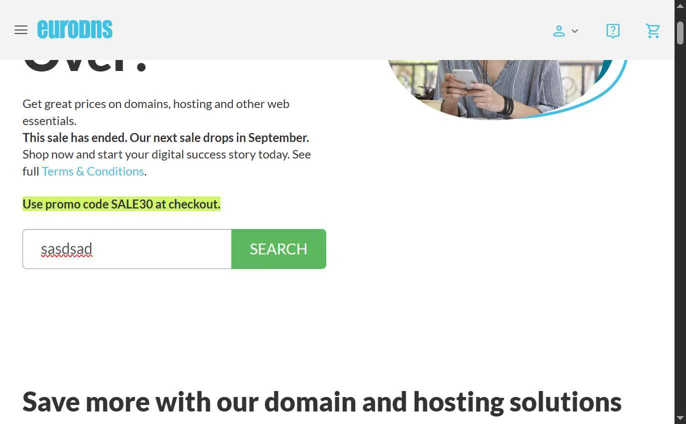 EuroDNS checkout page showing EuroDNS promo code box | Screenshot taken by SimplyCodes community member on Aug 18, 2025