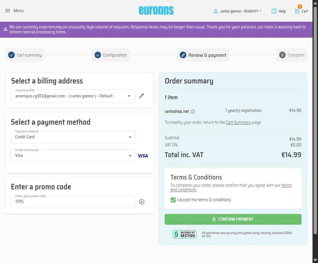 EuroDNS checkout page showing EuroDNS promo code box | Screenshot taken by SimplyCodes community member on Dec 5, 2025