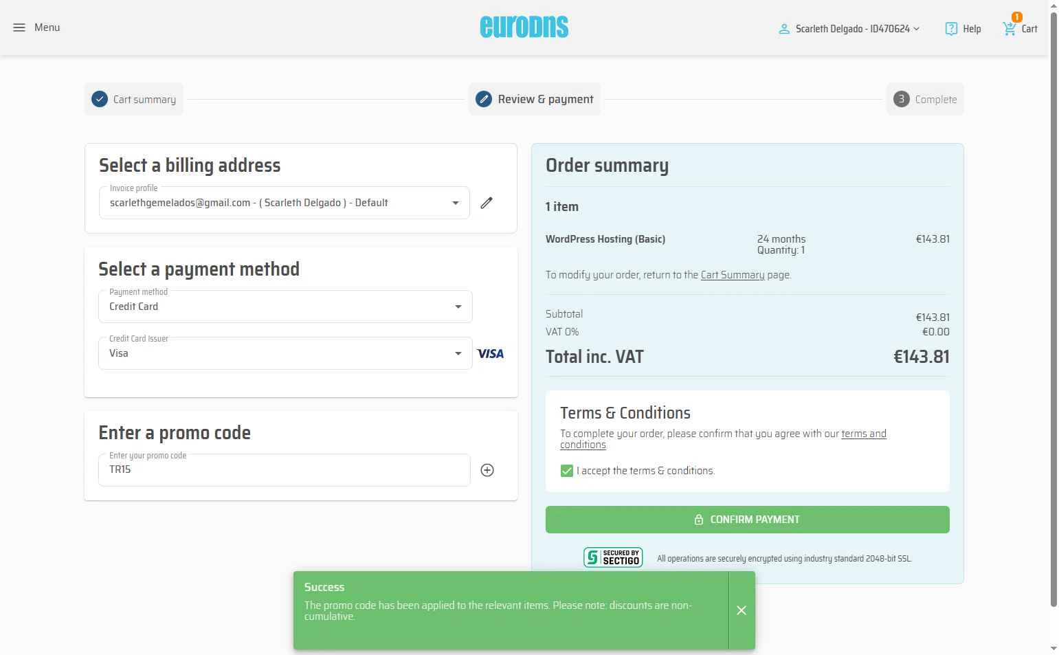 EuroDNS checkout page showing EuroDNS promo code box | Screenshot taken by SimplyCodes community member on Oct 8, 2025