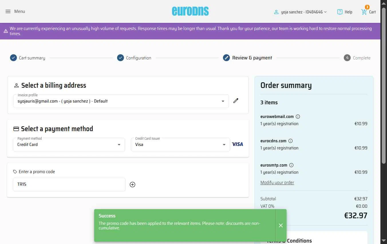 EuroDNS checkout page showing EuroDNS promo code box | Screenshot taken by SimplyCodes community member on Jan 3, 2026