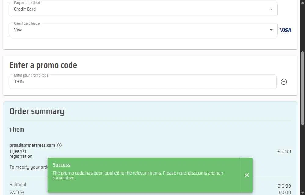 EuroDNS checkout page showing EuroDNS promo code box | Screenshot taken by SimplyCodes community member on Oct 8, 2025