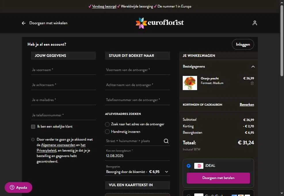 Euroflorist checkout page showing Euroflorist discount code box | Screenshot taken by SimplyCodes community member on Aug 11, 2025