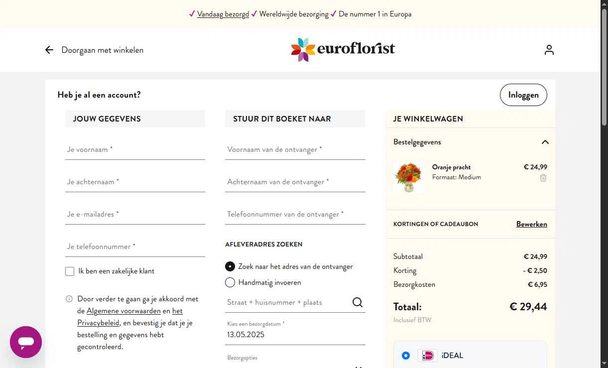 Euroflorist checkout page showing Euroflorist discount code box | Screenshot taken by SimplyCodes community member on May 14, 2025