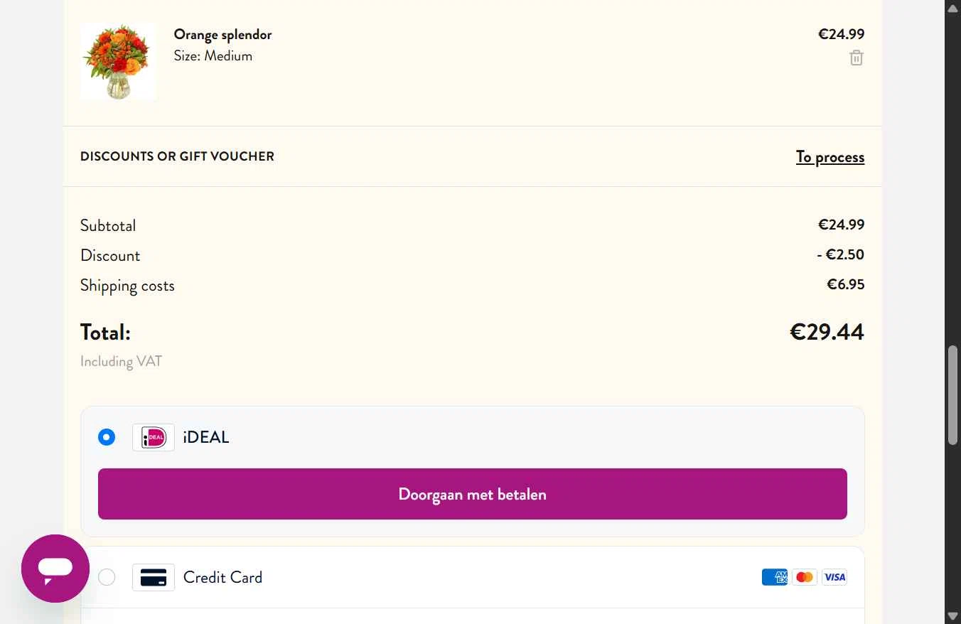 Euroflorist checkout page showing Euroflorist discount code box | Screenshot taken by SimplyCodes community member on May 14, 2025