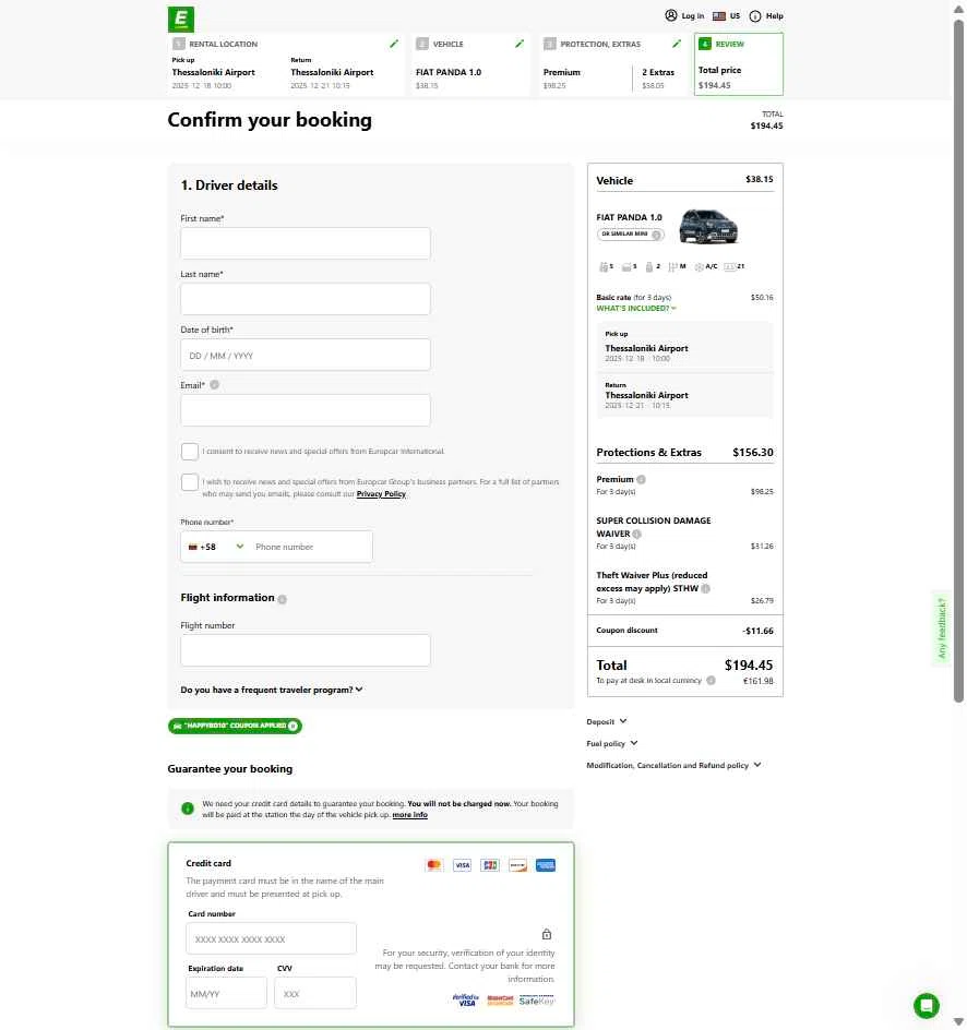Europcar checkout page showing Europcar coupon code box | Screenshot taken by SimplyCodes community member on Dec 10, 2025