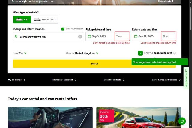 Europcar checkout page showing Europcar coupon code box | Screenshot taken by SimplyCodes community member on Sep 3, 2025