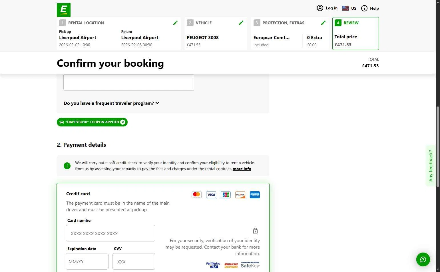 Europcar checkout page showing Europcar coupon code box | Screenshot taken by SimplyCodes community member on Jan 20, 2026