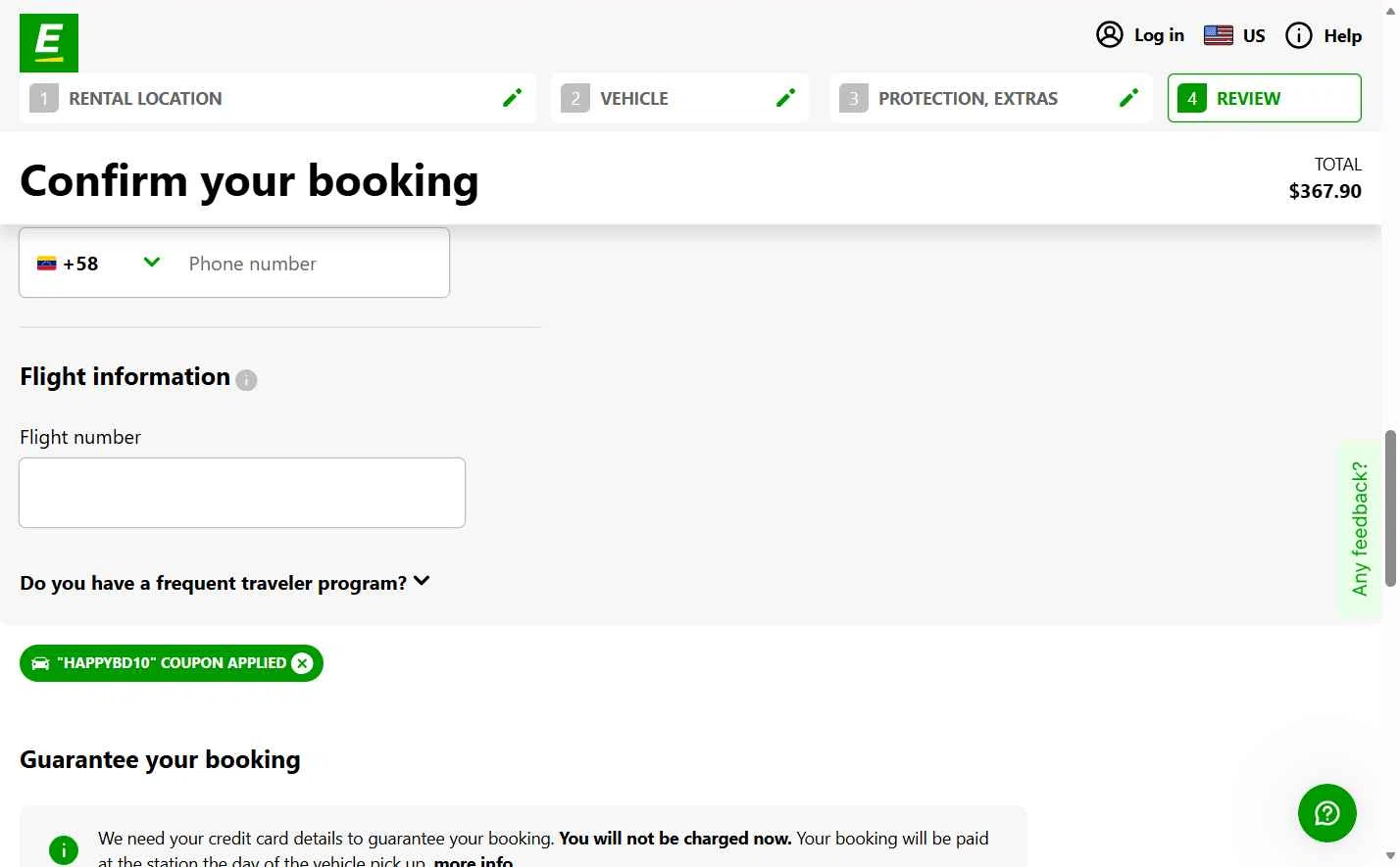 Europcar checkout page showing Europcar coupon code box | Screenshot taken by SimplyCodes community member on Nov 16, 2025