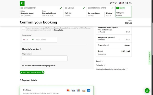 Europcar checkout page showing Europcar coupon code box | Screenshot taken by SimplyCodes community member on Jul 30, 2025