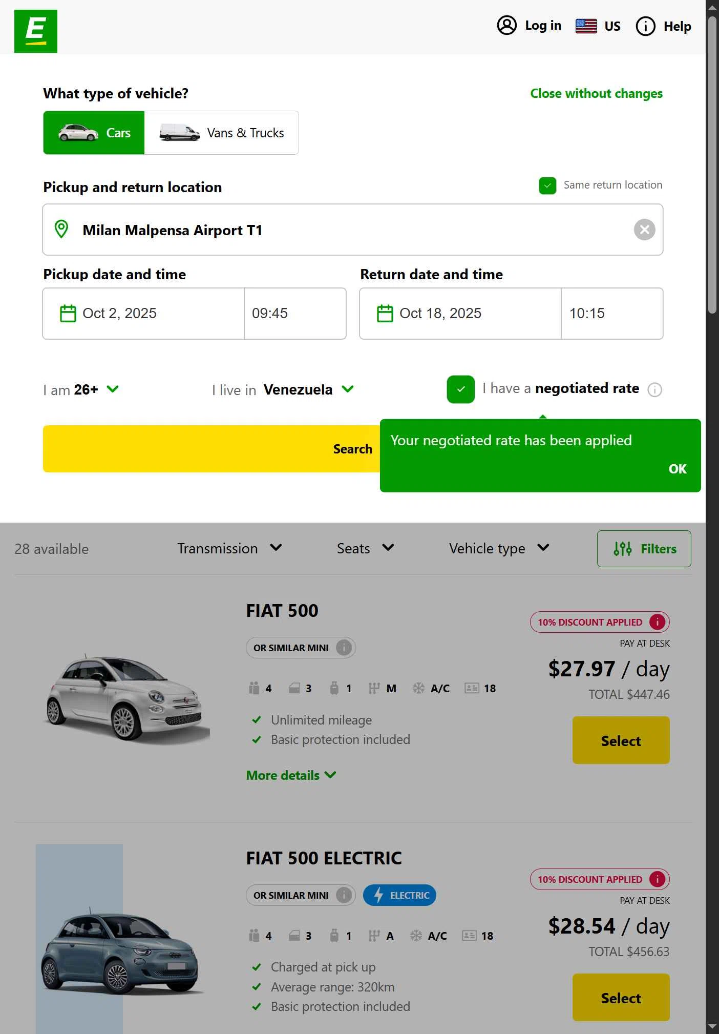 Europcar checkout page showing Europcar coupon code box | Screenshot taken by SimplyCodes community member on Sep 28, 2025