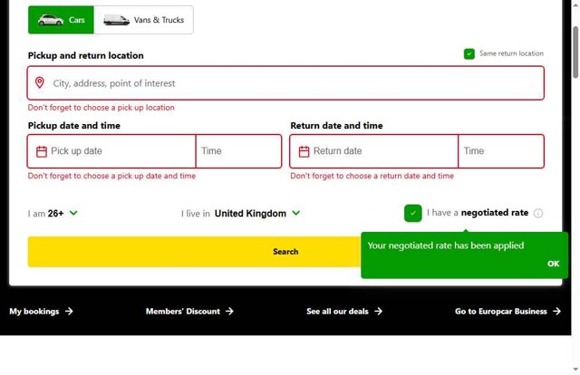 Europcar checkout page showing Europcar coupon code box | Screenshot taken by SimplyCodes community member on Jul 22, 2025