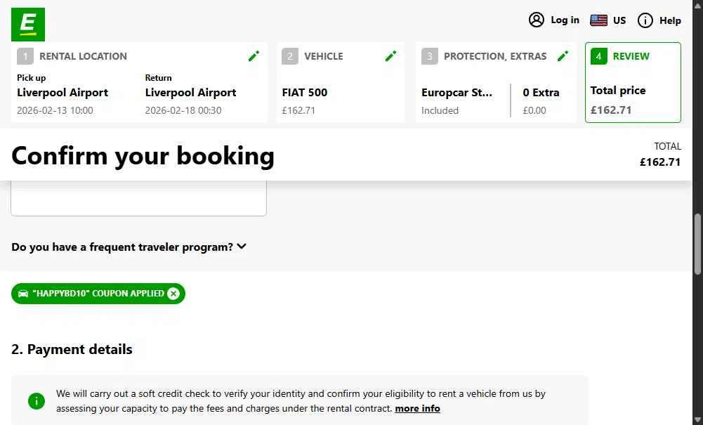 Europcar checkout page showing Europcar coupon code box | Screenshot taken by SimplyCodes community member on Feb 1, 2026