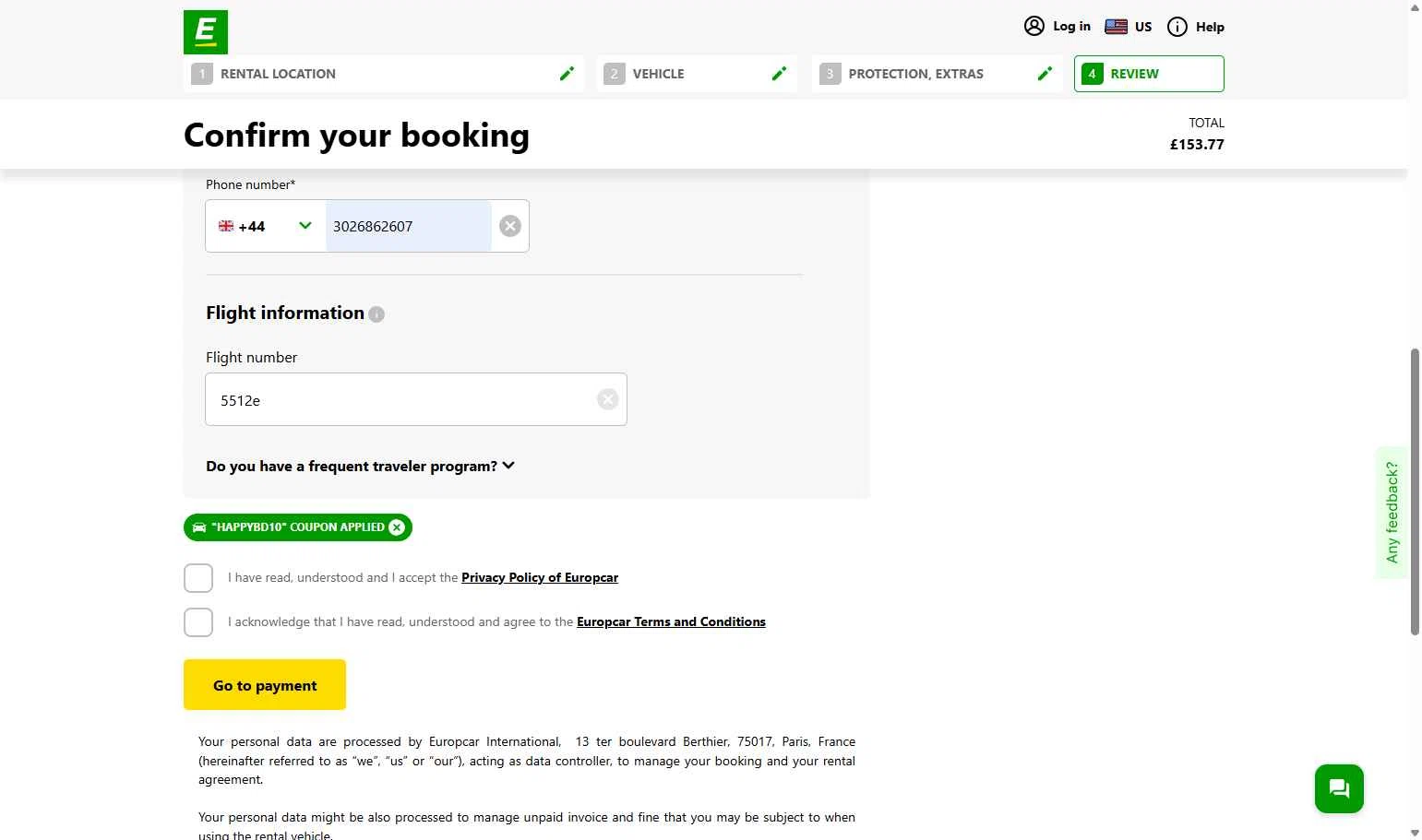 Europcar checkout page showing Europcar coupon code box | Screenshot taken by SimplyCodes community member on Feb 19, 2026