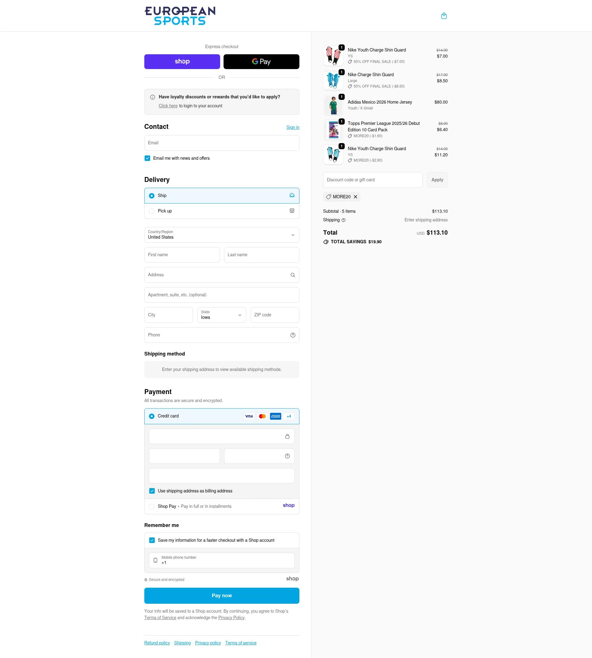 European Sports checkout page showing European Sports promo code box | Screenshot taken by SimplyCodes community member on Dec 9, 2025