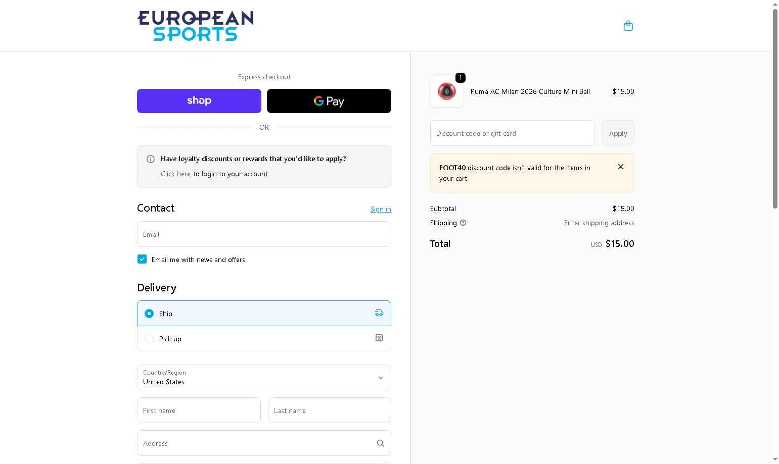 European Sports checkout page showing European Sports promo code box | Screenshot taken by SimplyCodes community member on Feb 5, 2026