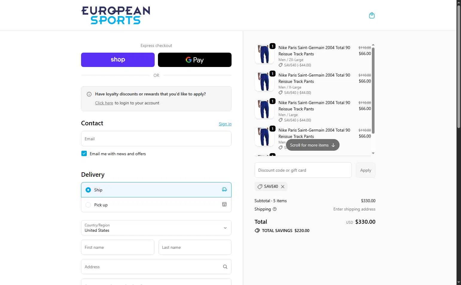 European Sports checkout page showing European Sports promo code box | Screenshot taken by SimplyCodes community member on Dec 15, 2025