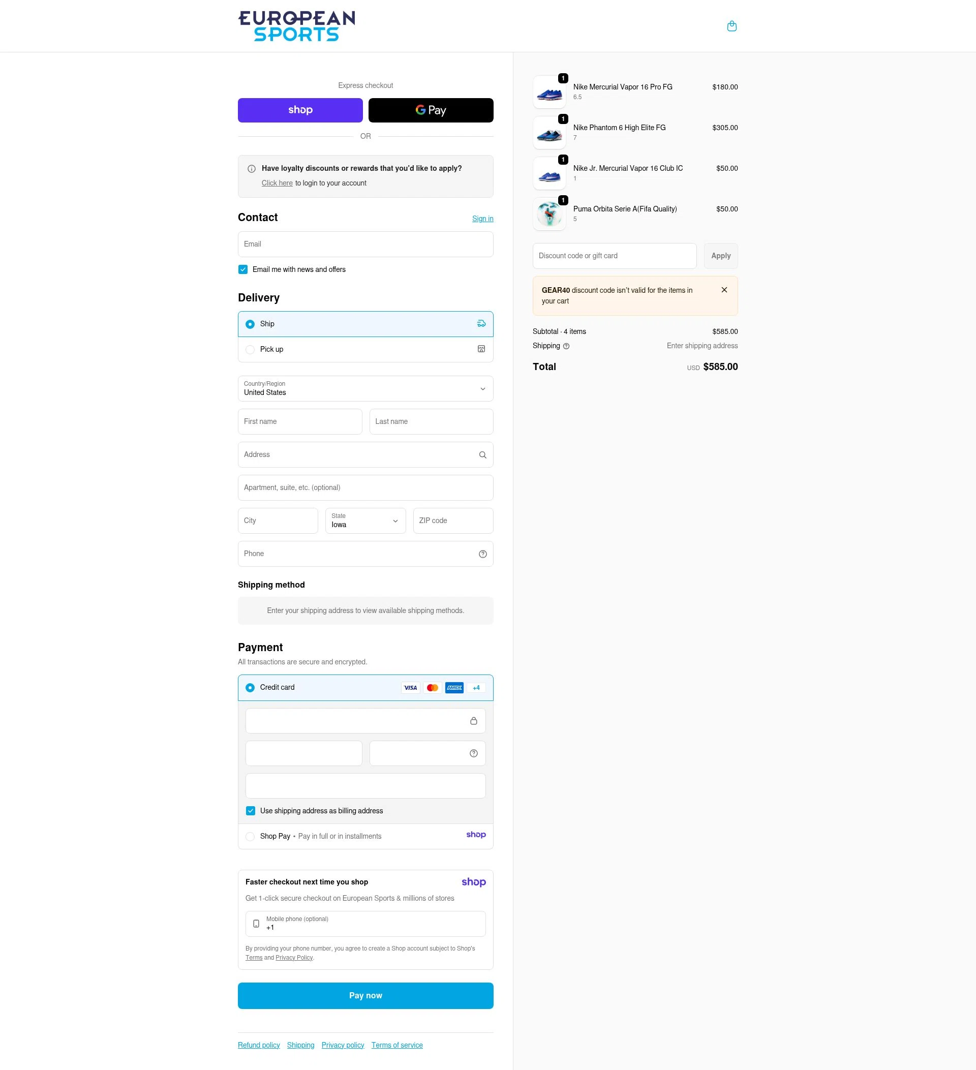 European Sports checkout page showing European Sports promo code box | Screenshot taken by SimplyCodes community member on Jan 16, 2026