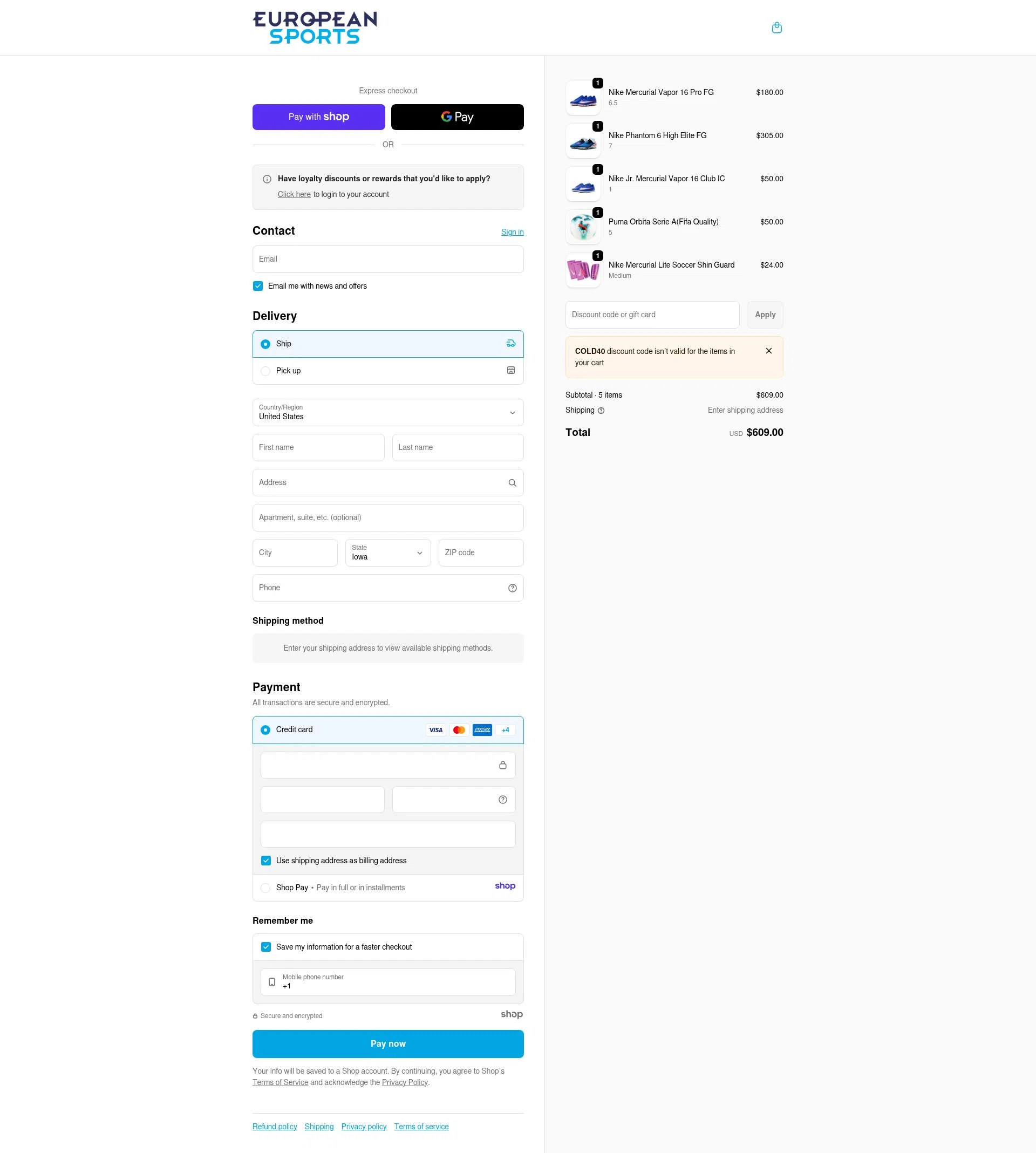 European Sports checkout page showing European Sports promo code box | Screenshot taken by SimplyCodes community member on Jan 11, 2026