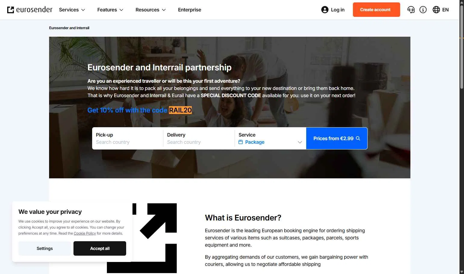 Eurosender checkout page showing Eurosender discount code box | Screenshot taken by SimplyCodes community member on Oct 9, 2025