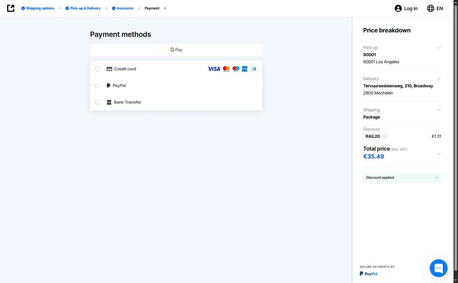 Eurosender checkout page showing Eurosender discount code box | Screenshot taken by SimplyCodes community member on Oct 27, 2025