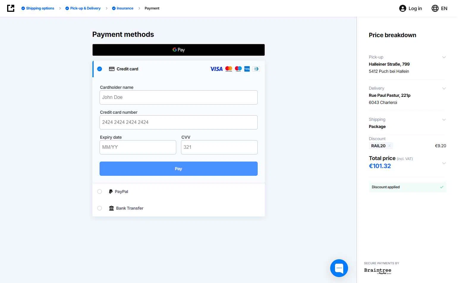 Eurosender checkout page showing Eurosender discount code box | Screenshot taken by SimplyCodes community member on Jan 22, 2026