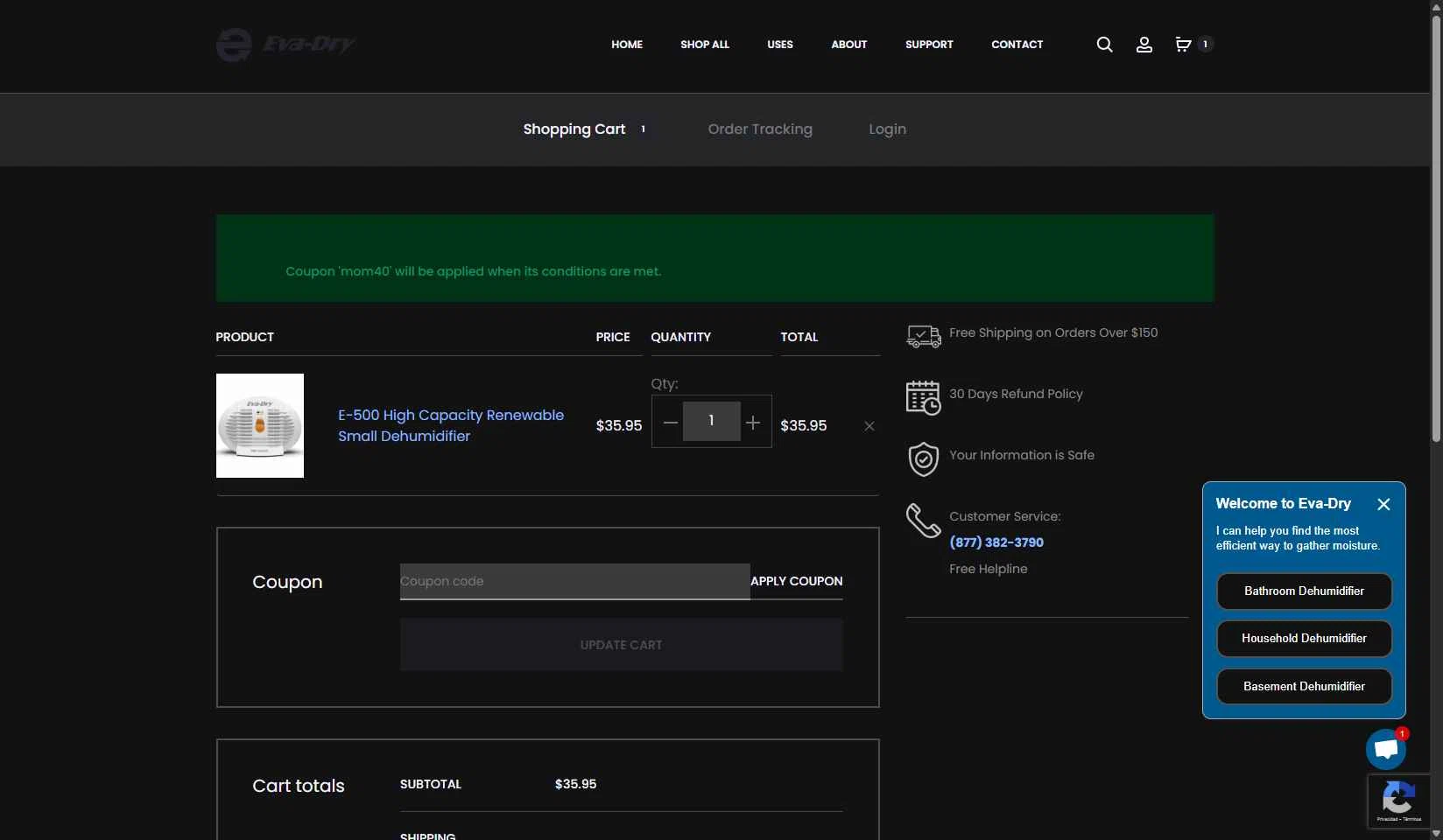 Eva- Dry checkout page showing Eva- Dry coupon code box | Screenshot taken by SimplyCodes community member on Oct 15, 2025