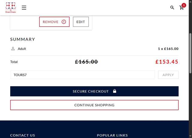 Evan Evans Tours checkout page showing Evan Evans Tours promo code box | Screenshot taken by SimplyCodes community member on Aug 2, 2025
