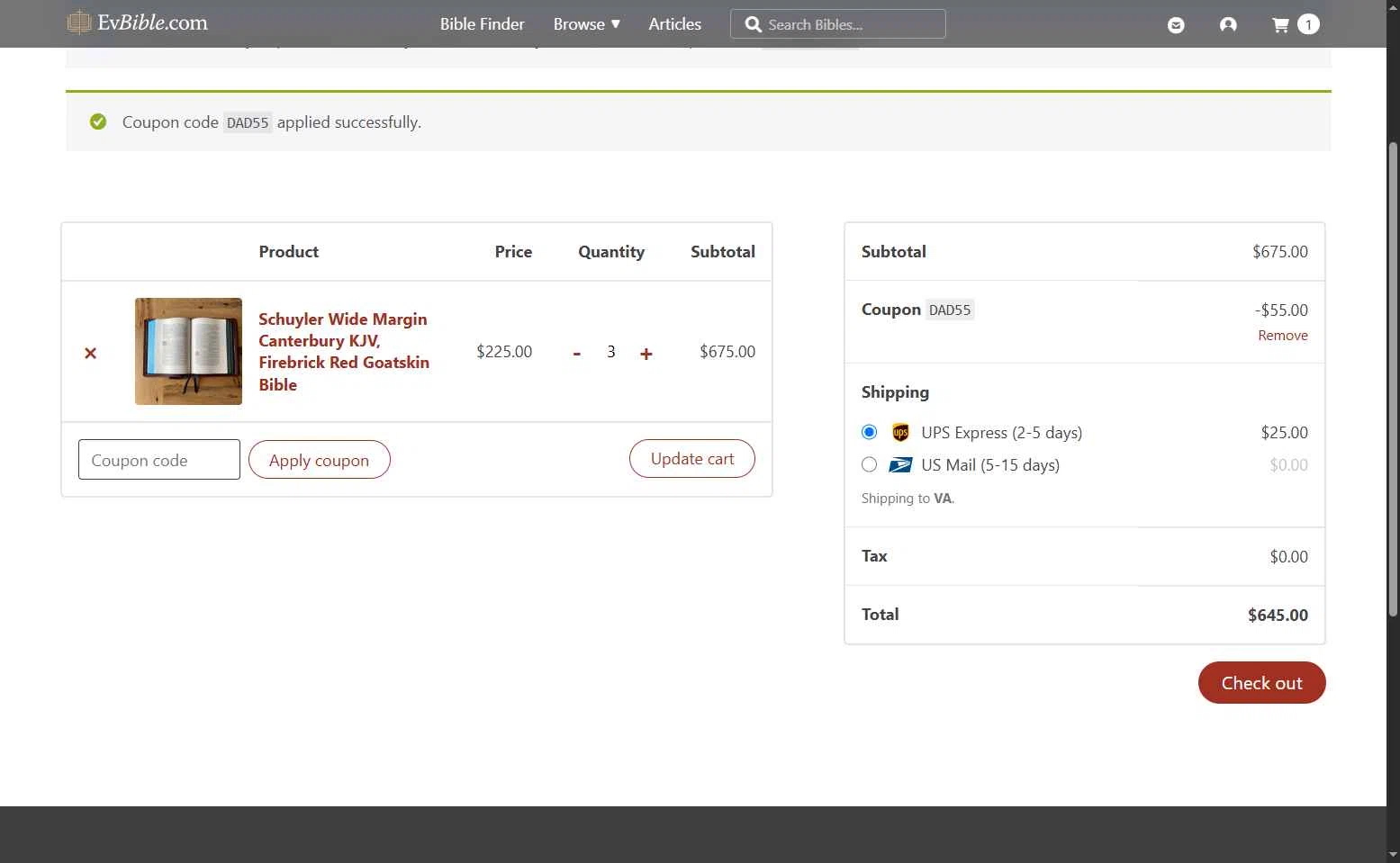 EvangelicalBible.com checkout page showing EvangelicalBible.com coupon code box | Screenshot taken by SimplyCodes community member on Jun 9, 2025