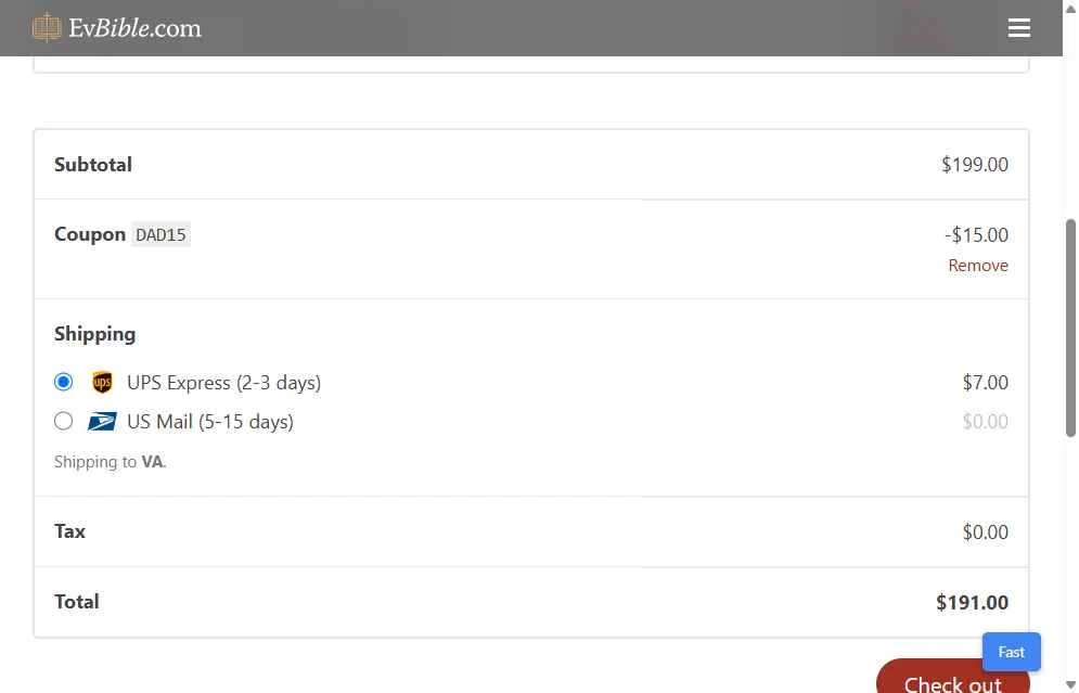 EvangelicalBible.com checkout page showing EvangelicalBible.com coupon code box | Screenshot taken by SimplyCodes community member on Jun 7, 2025