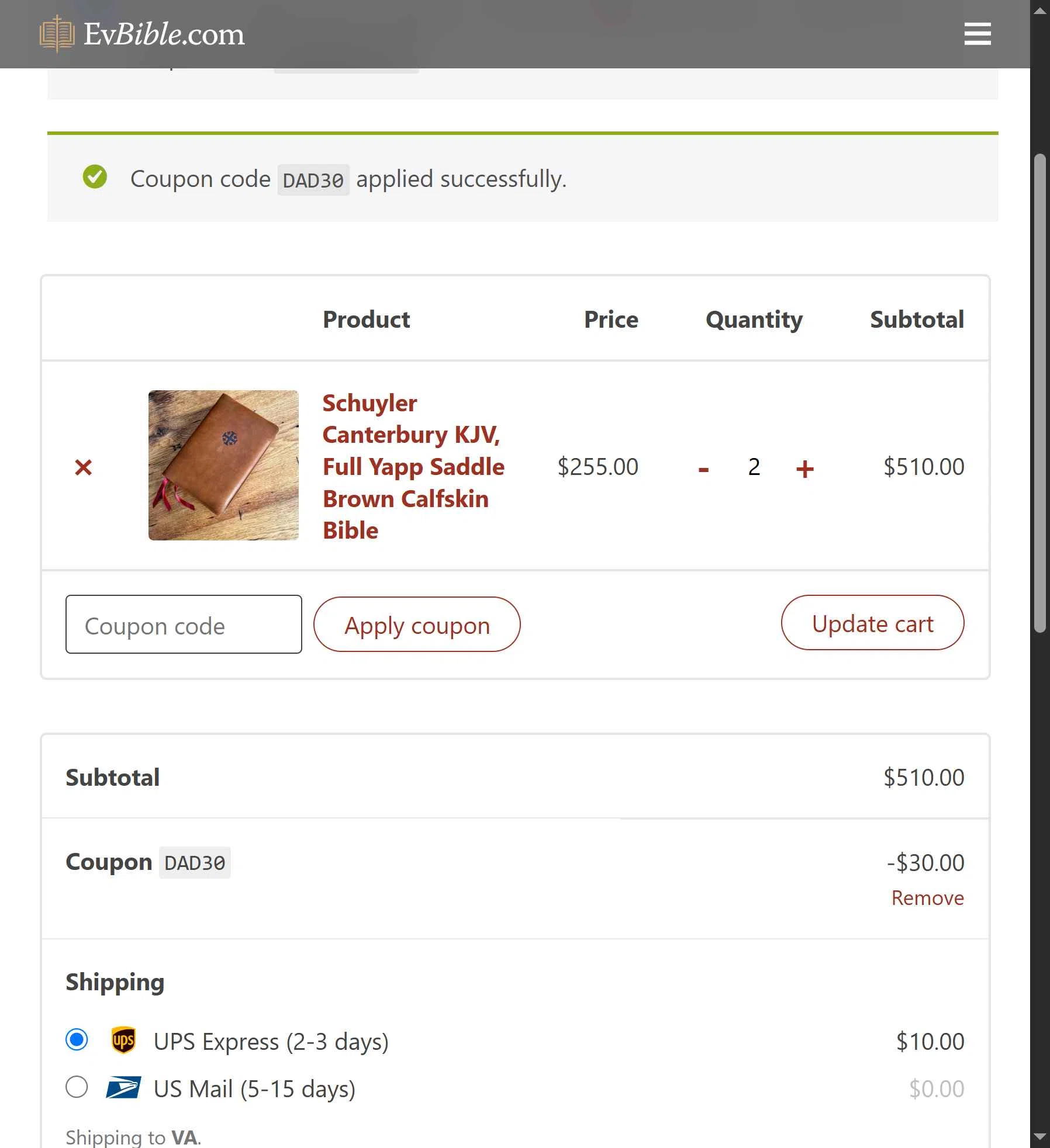 EvangelicalBible.com checkout page showing EvangelicalBible.com coupon code box | Screenshot taken by SimplyCodes community member on Jun 9, 2025