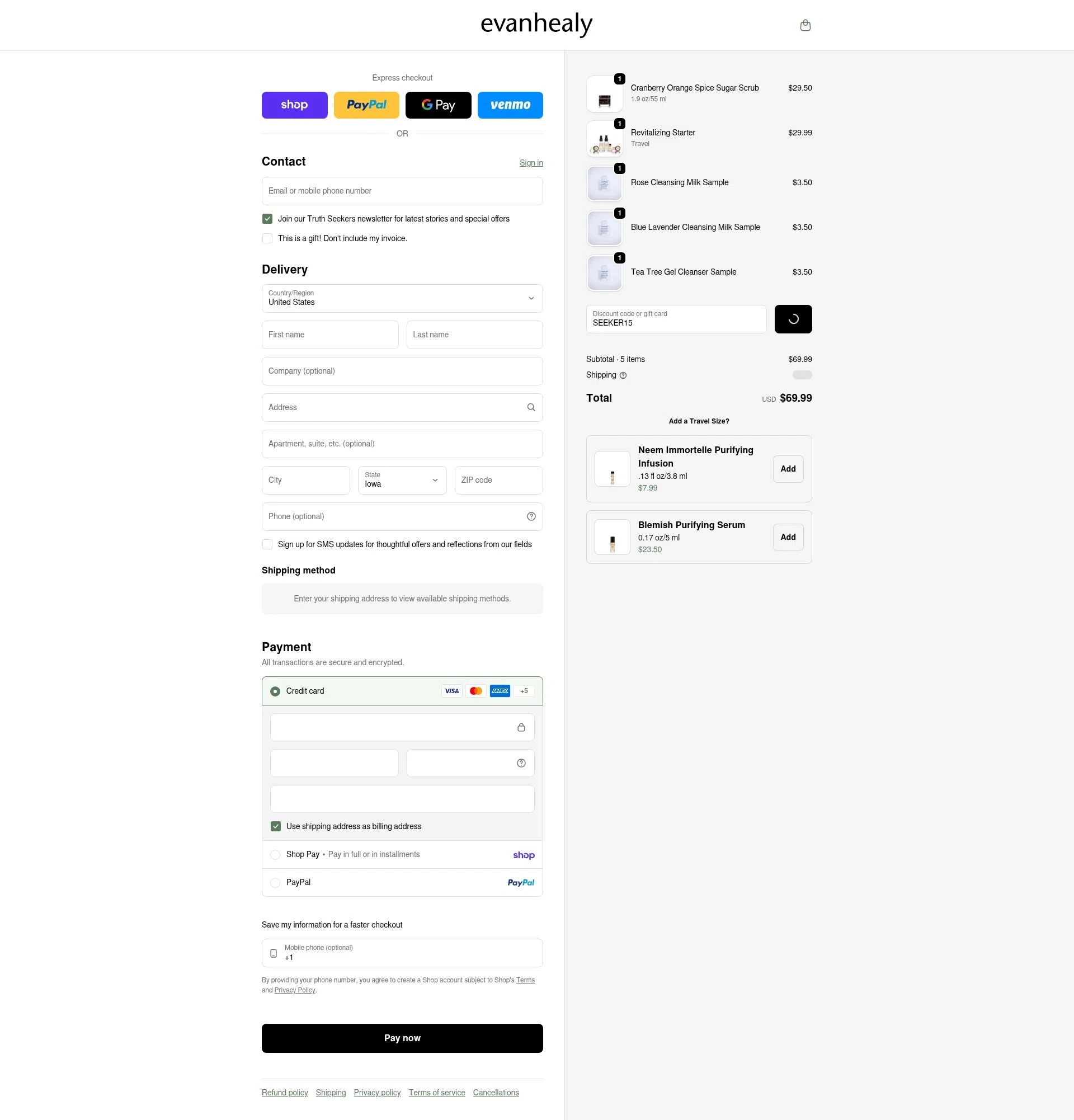 evanhealy checkout page showing evanhealy discount code box | Screenshot taken by SimplyCodes community member on Feb 6, 2026