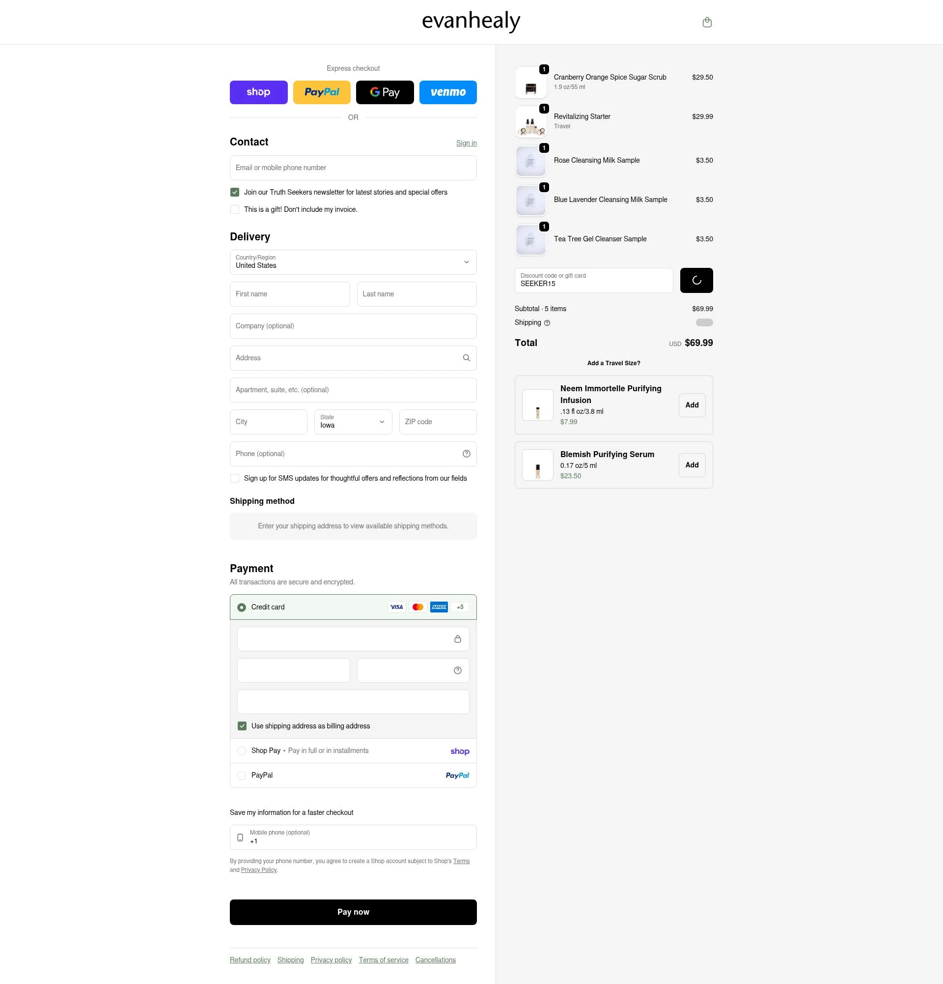 evanhealy checkout page showing evanhealy discount code box | Screenshot taken by SimplyCodes community member on Feb 11, 2026