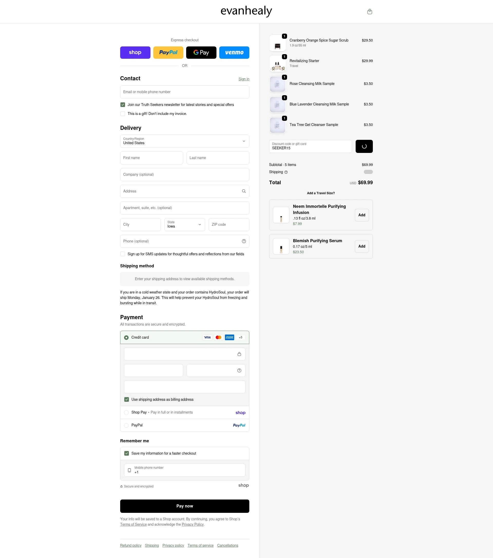 evanhealy checkout page showing evanhealy discount code box | Screenshot taken by SimplyCodes community member on Jan 29, 2026