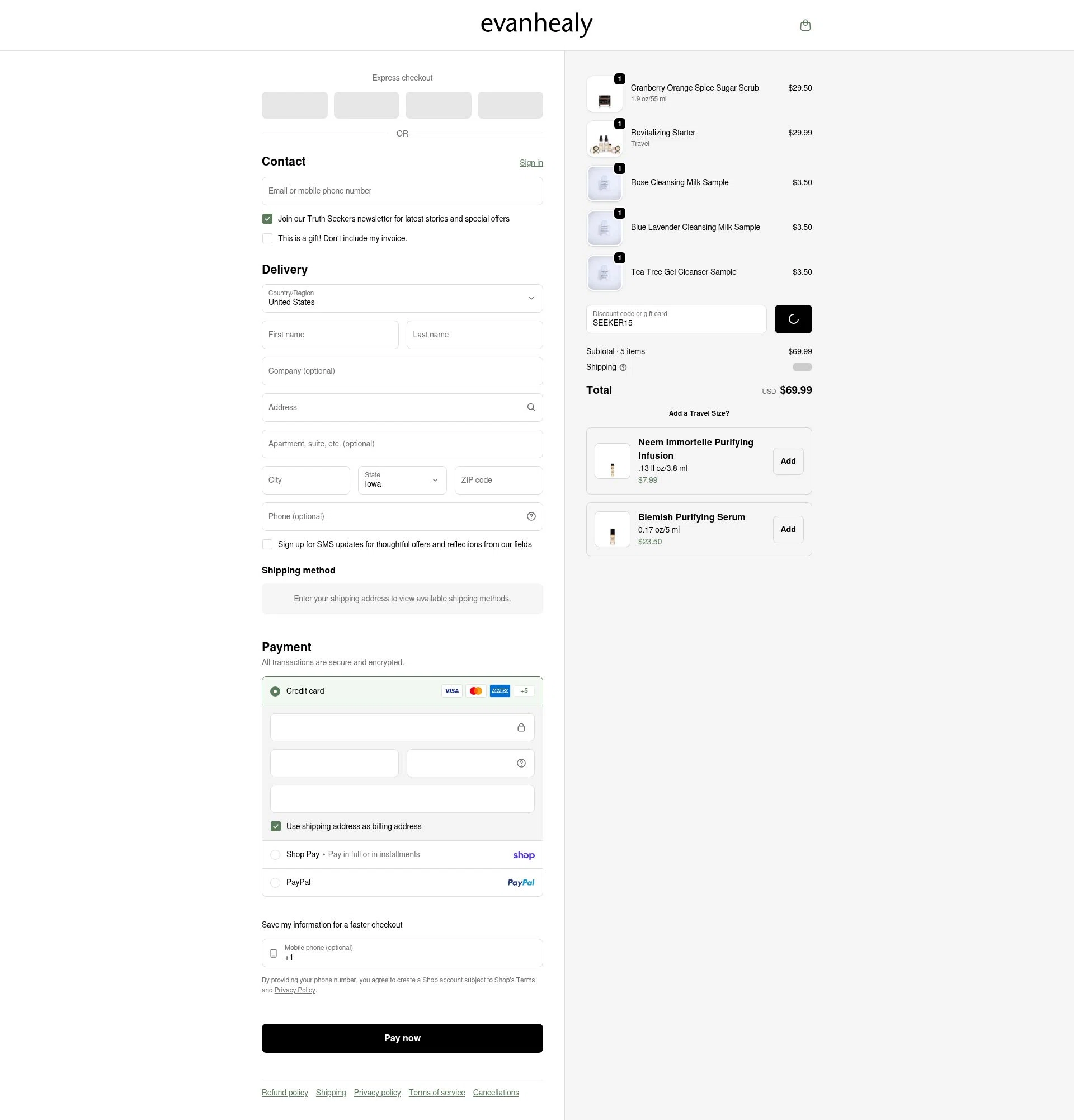 evanhealy checkout page showing evanhealy discount code box | Screenshot taken by SimplyCodes community member on Feb 2, 2026