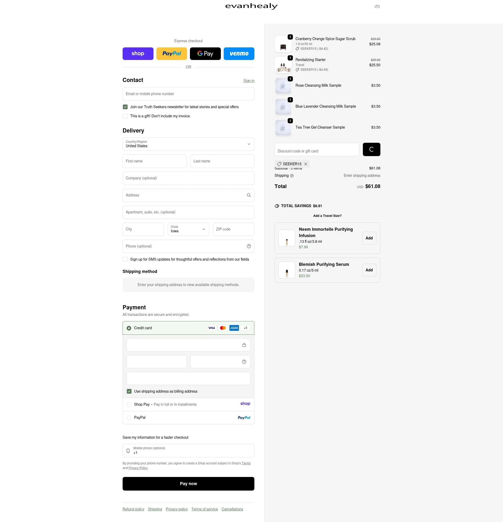 evanhealy checkout page showing evanhealy discount code box | Screenshot taken by SimplyCodes community member on Jan 14, 2026