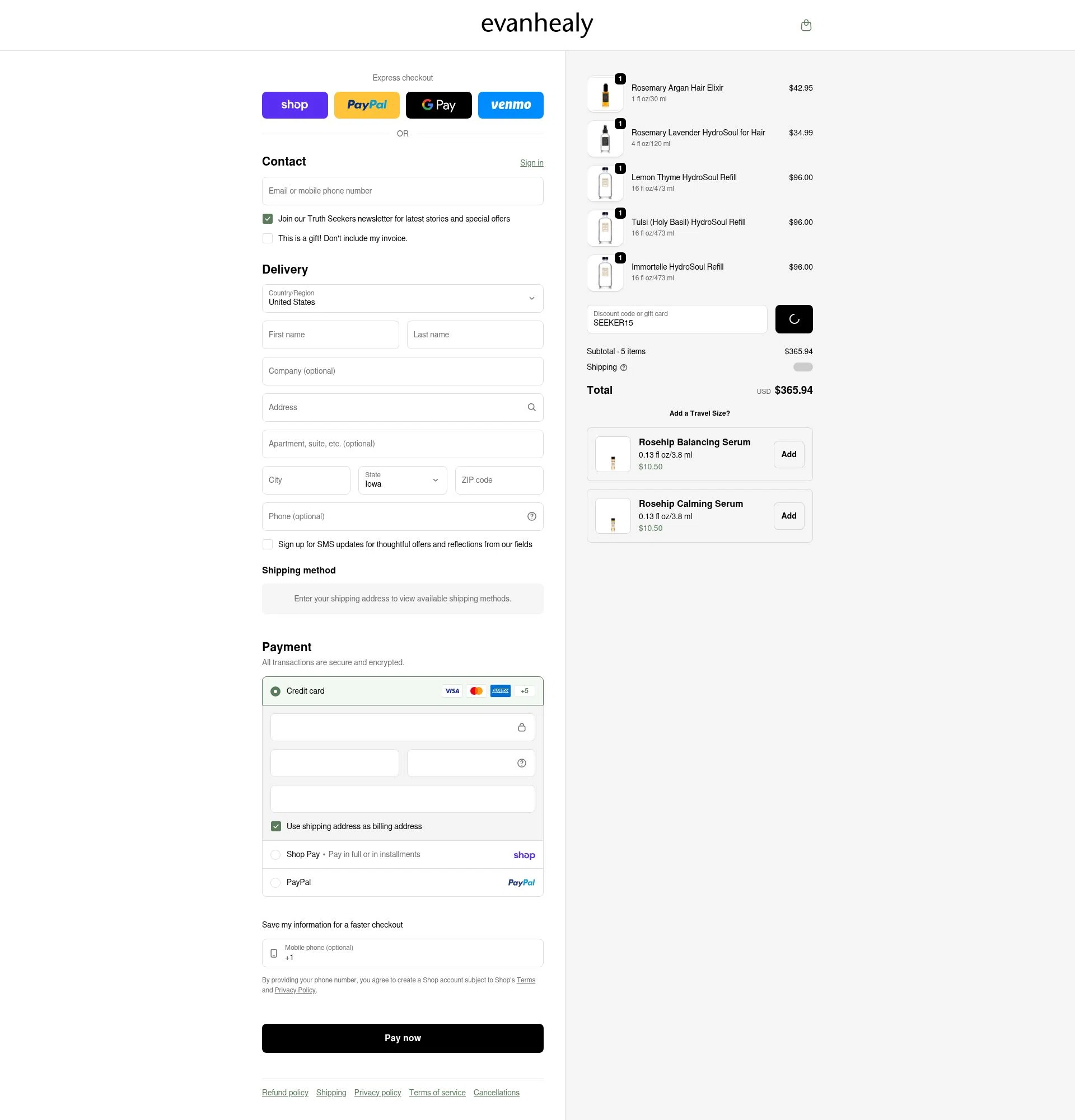 evanhealy checkout page showing evanhealy discount code box | Screenshot taken by SimplyCodes community member on Feb 15, 2026