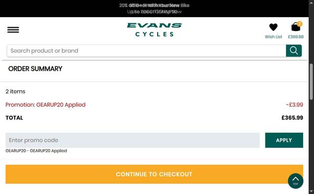 Evans Cycles checkout page showing Evans Cycles promo code box | Screenshot taken by SimplyCodes community member on Aug 29, 2025