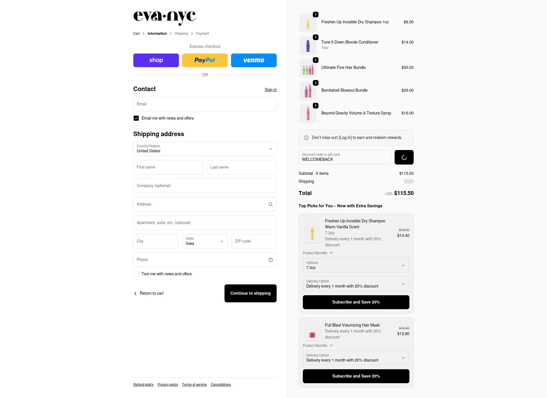 Eva NYC checkout page showing Eva NYC discount code box | Screenshot taken by SimplyCodes community member on Jan 2, 2026
