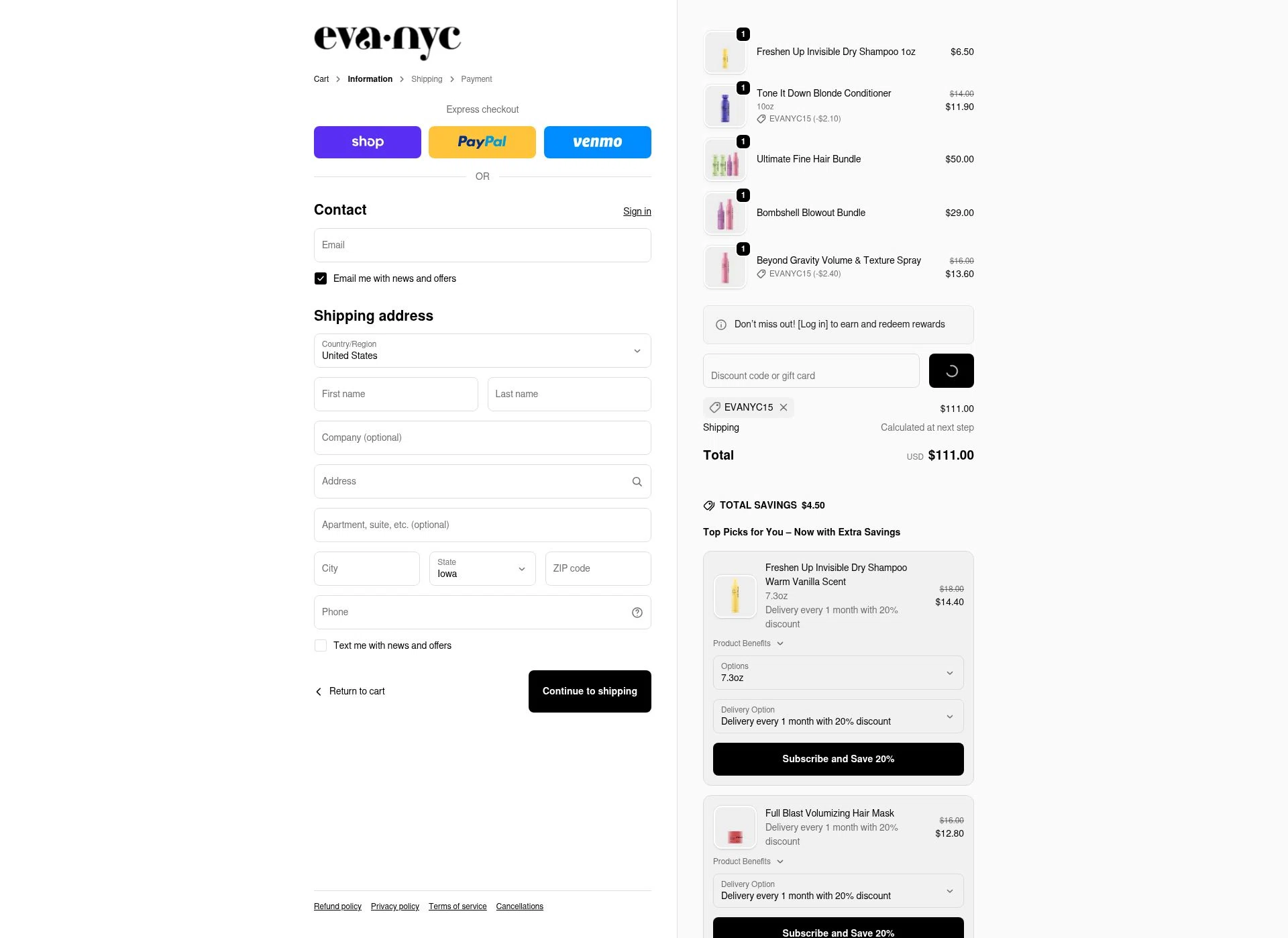 Eva NYC checkout page showing Eva NYC discount code box | Screenshot taken by SimplyCodes community member on Dec 28, 2025