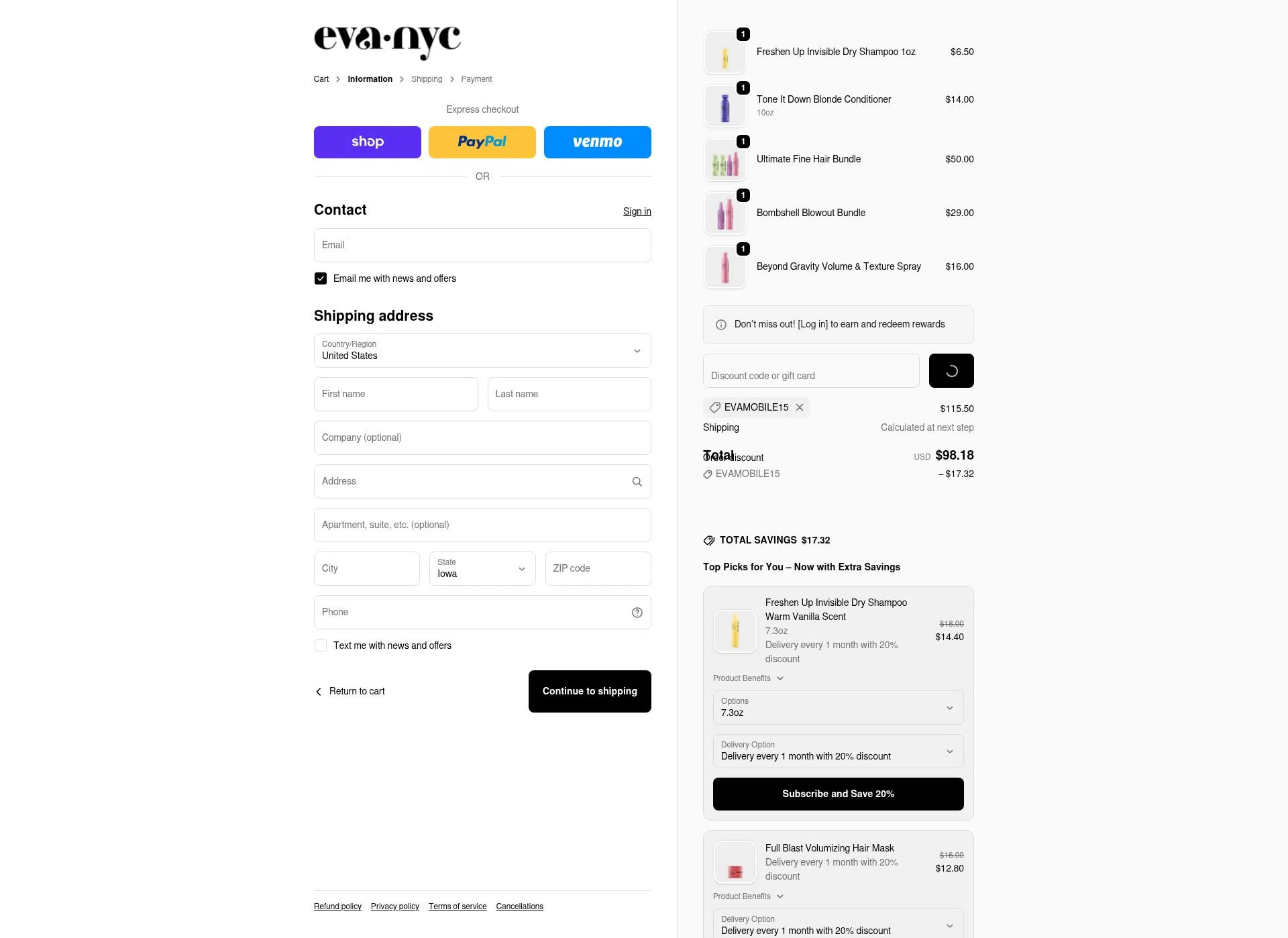 Eva NYC checkout page showing Eva NYC discount code box | Screenshot taken by SimplyCodes community member on Dec 23, 2025