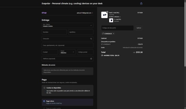 Evapolar checkout page showing Evapolar promo code box | Screenshot taken by SimplyCodes community member on Sep 6, 2025