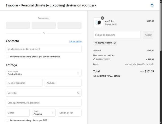 Evapolar checkout page showing Evapolar promo code box | Screenshot taken by SimplyCodes community member on Aug 27, 2025